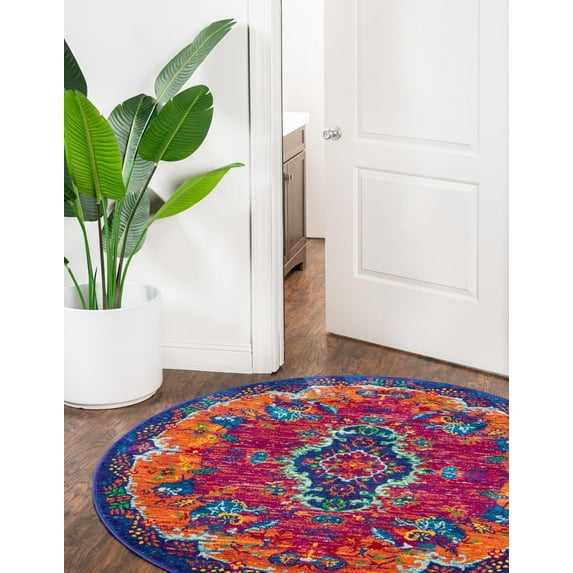 Rugs.com Calypso Collection Rug – 4 Ft Round Fuchsia Medium Rug Perfect For Kitchens, Dining Rooms