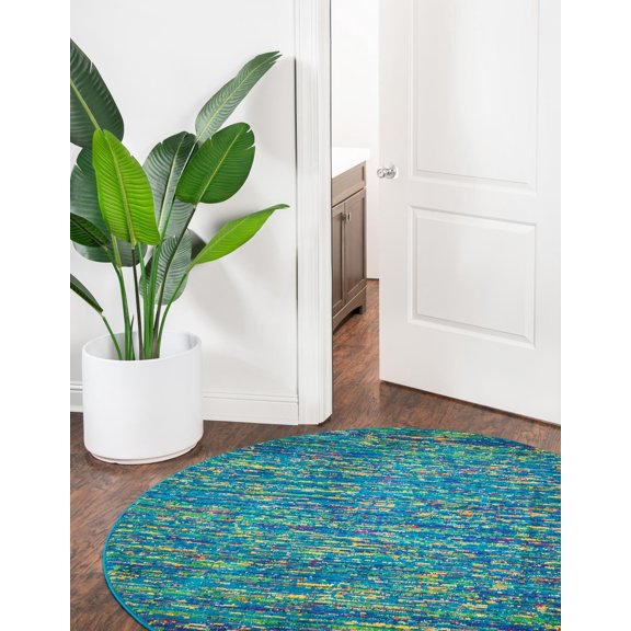 Rugs.com Calypso Collection Rug – 4 Ft Round Navy Blue Medium Rug Perfect For Kitchens, Dining Rooms