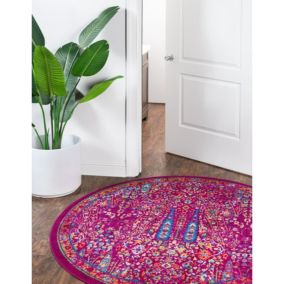 Rugs.com Calypso Collection Rug – 4 Ft Round Pink Medium Rug Perfect For Kitchens, Dining Rooms