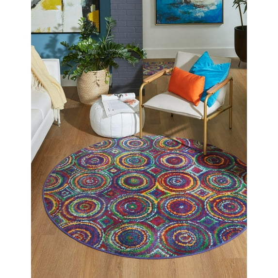 Rugs.com Calypso Collection Rug – 8 Ft Round Multi Medium Rug Perfect For Kitchens, Dining Rooms