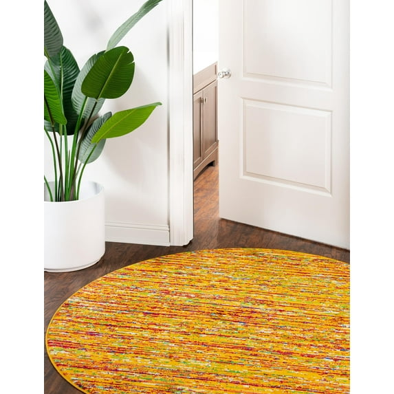 Rugs.com Calypso Collection Rug – 8 Ft Round Yellow Medium Rug Perfect For Kitchens, Dining Rooms