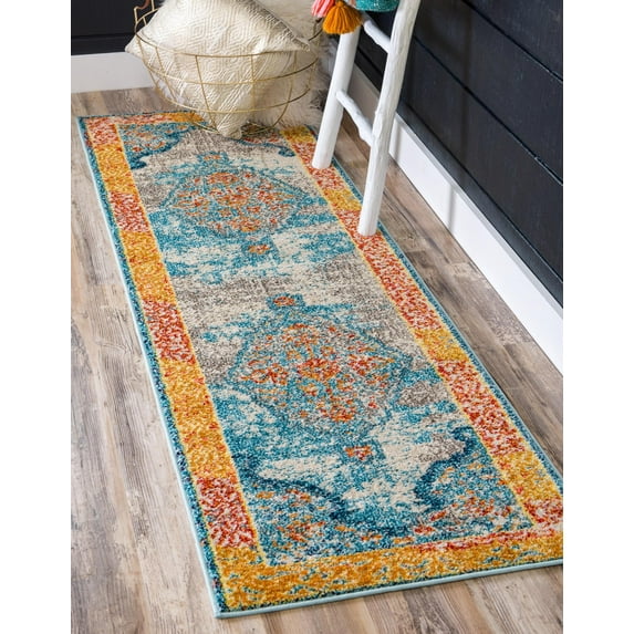 Rugs.com Carnevale Collection Rug – 6 Ft Runner Blue Medium Rug Perfect For Hallways, Entryways