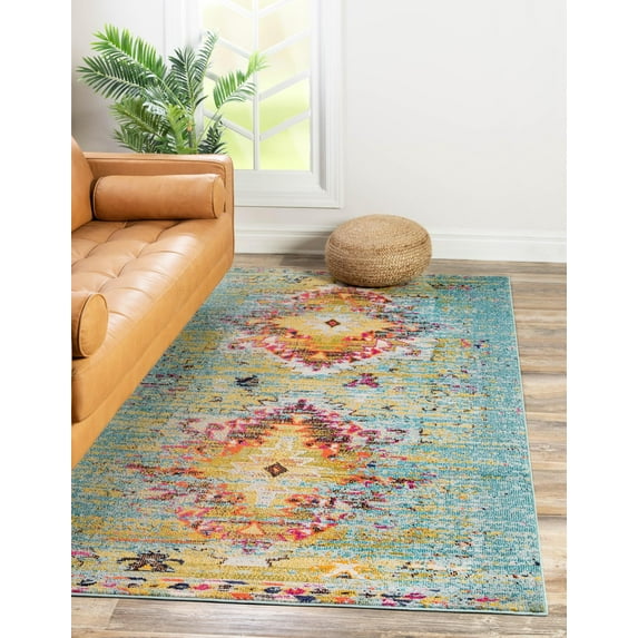Rugs.com Carnevale Collection Rug – 6' x 9' Turquoise Medium Rug Perfect For Bedrooms, Dining Rooms, Living Rooms