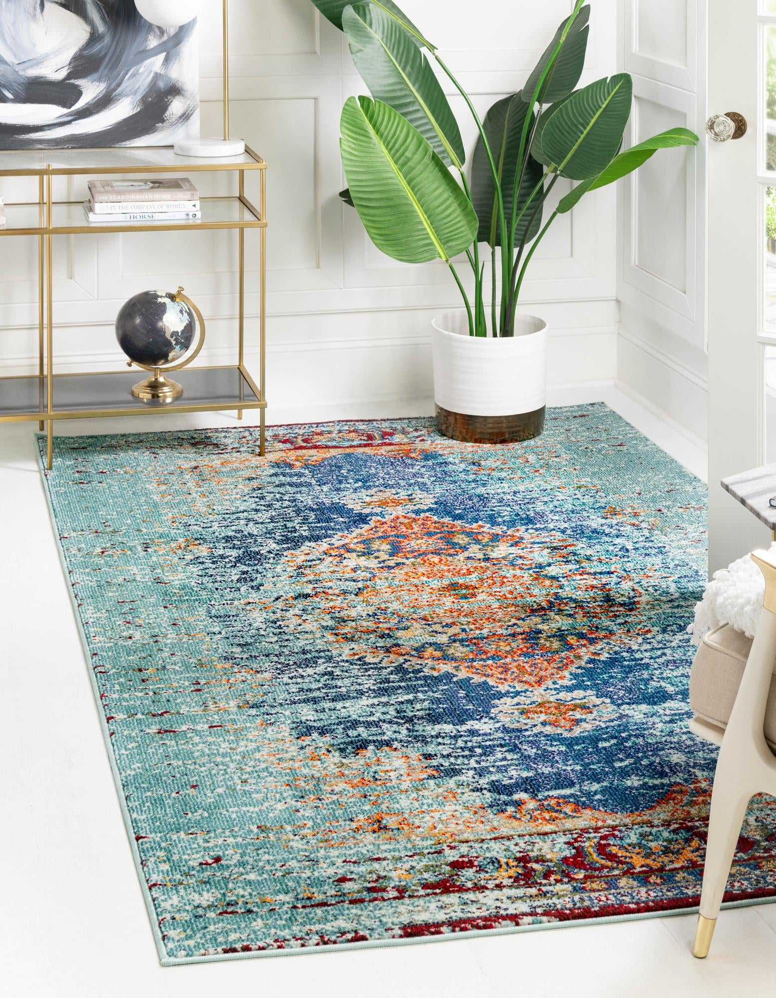 Turquoise Abstract Synthetic Indoor Stain-Resistant Rug 9' x 12'