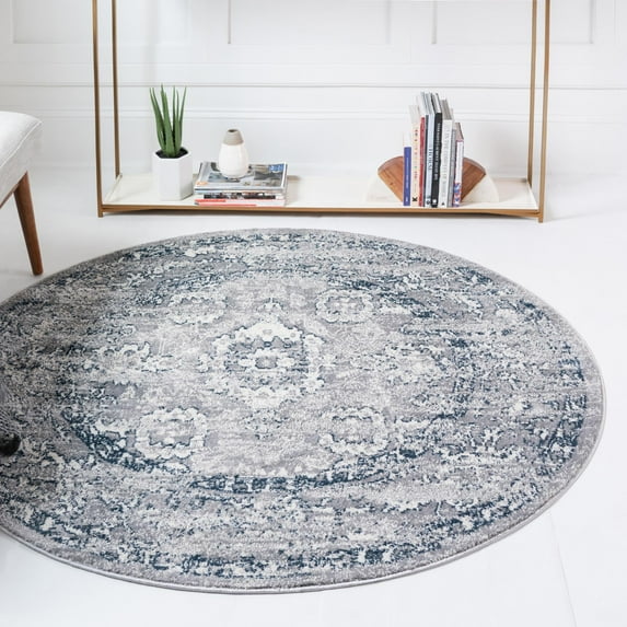 Rugs.com Charleston Collection Rug – 5 Ft Round Gray Low-Pile Rug Perfect For Kitchens, Dining Rooms
