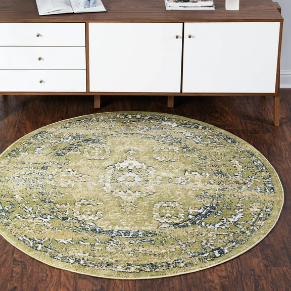 Rugs.com Charleston Collection Rug – 5 Ft Round Green Low-Pile Rug Perfect For Kitchens, Dining Rooms