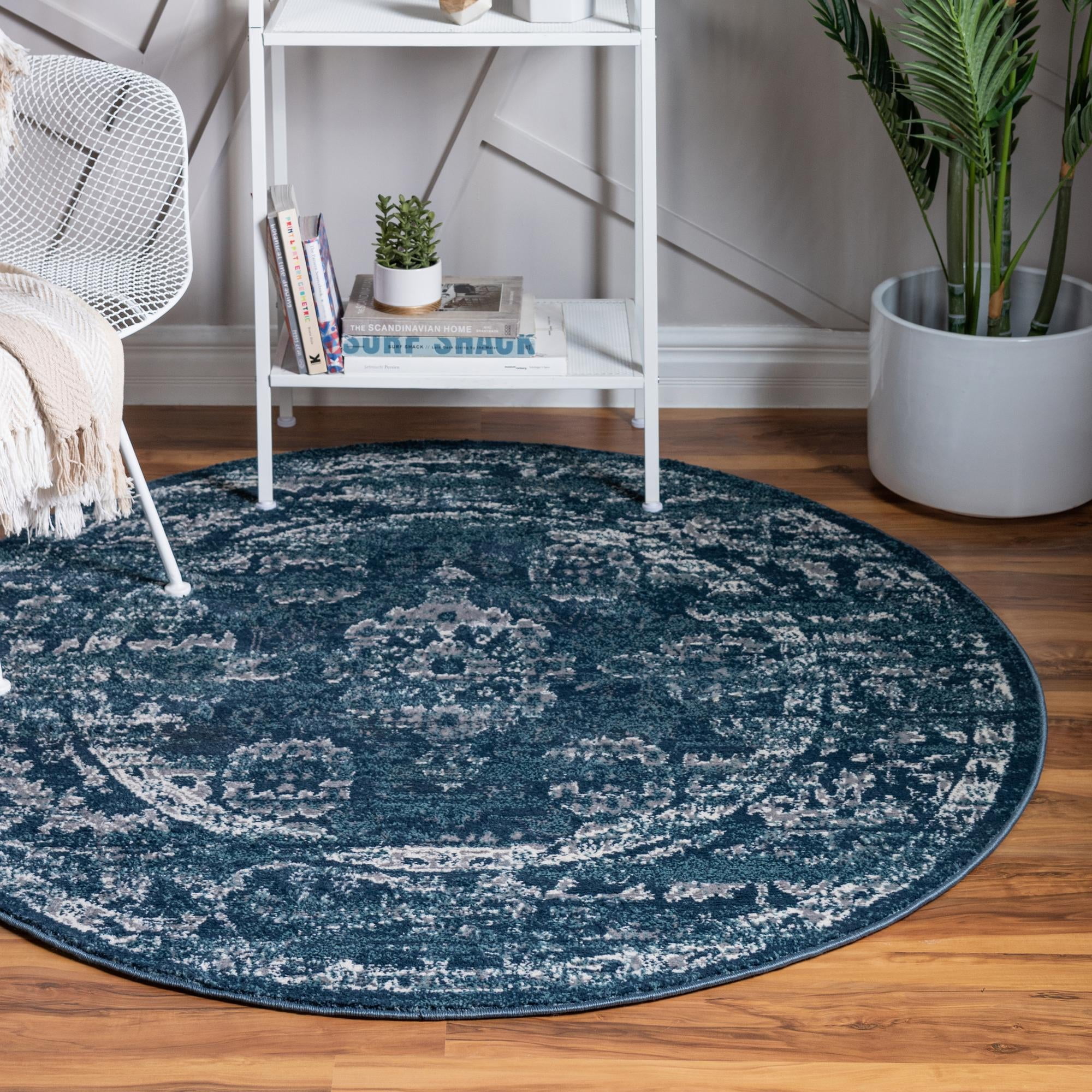 Rugs.com Charleston Collection Rug – 5 Ft Round Navy Blue Low-Pile Rug Perfect For Kitchens ...