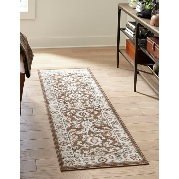 Rugs.com Charlotte Collection Rug – 10 Ft Runner Brown Low-Pile Rug Perfect For Hallways, Entryways