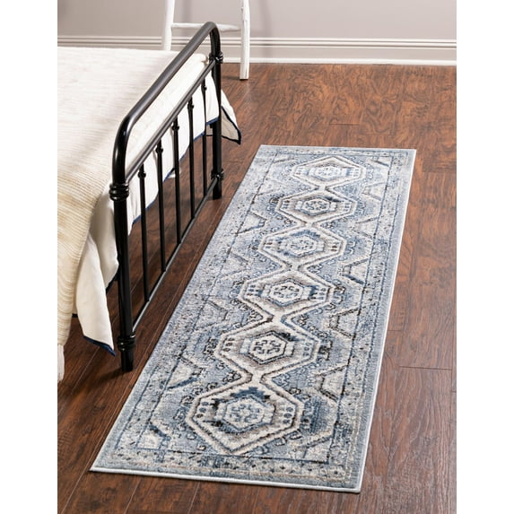 Rugs.com Charlotte Collection Rug – 13 Ft Runner Light Blue Low-Pile Rug Perfect For Hallways, Entryways