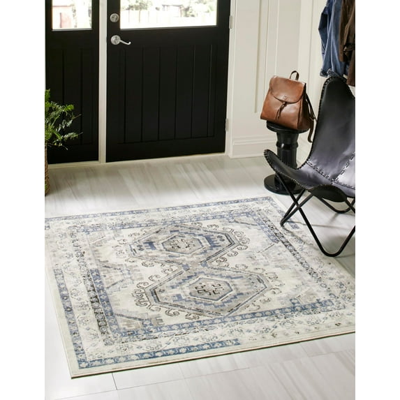 Rugs.com Charlotte Collection Rug – 4 Ft Square Aqua Low-Pile Rug Perfect For Living Rooms, Kitchens, Entryways