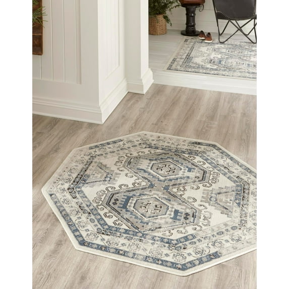 Rugs.com Charlotte Collection Rug – 5 Ft Octagon Aqua Low-Pile Rug Perfect For Living Rooms, Kitchens, Entryways