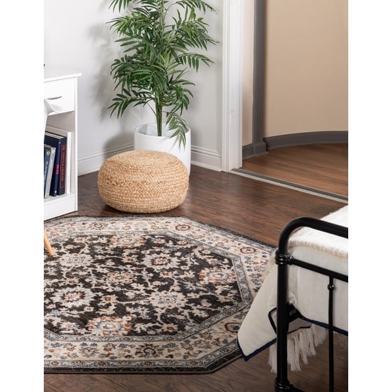 Rugs.com Charlotte Collection Rug – 5 Ft Octagon Gray Low-Pile Rug Perfect For Living Rooms, Kitchens, Entryways