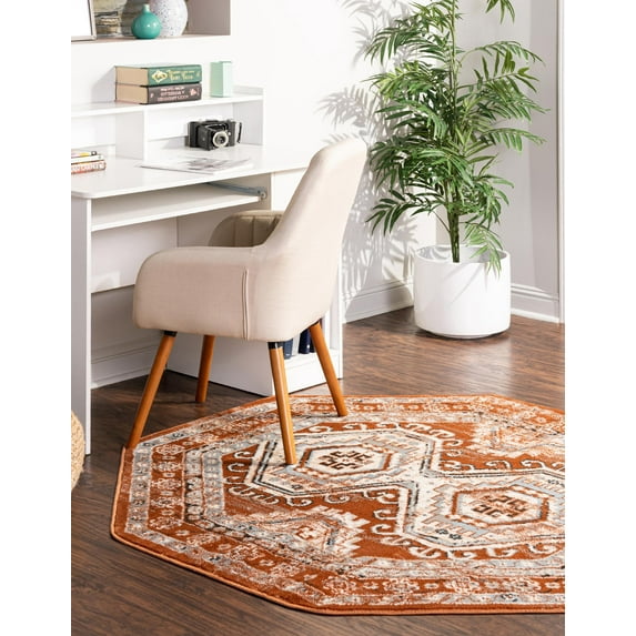 Rugs.com Charlotte Collection Rug – 5 Ft Octagon Terracotta Low-Pile Rug Perfect For Living Rooms, Kitchens, Entryways