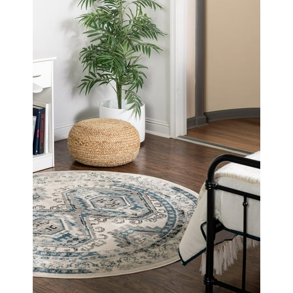 Rugs.com Charlotte Collection Rug – 5 Ft Round Aqua Low-Pile Rug Perfect For Kitchens, Dining Rooms