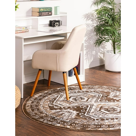 Rugs.com Charlotte Collection Rug – 5 Ft Round Brown Low-Pile Rug Perfect For Kitchens, Dining Rooms