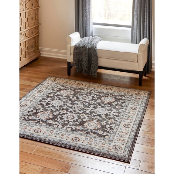Rugs.com Charlotte Collection Rug – 5 Ft Square Gray Low-Pile Rug Perfect For Living Rooms, Kitchens, Entryways