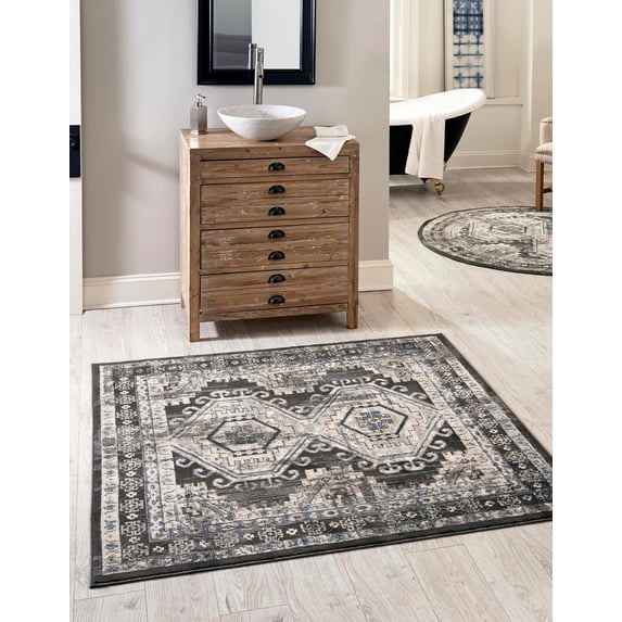 Rugs.com Charlotte Collection Rug – 5 Ft Square Gray Low-Pile Rug Perfect For Living Rooms, Kitchens, Entryways