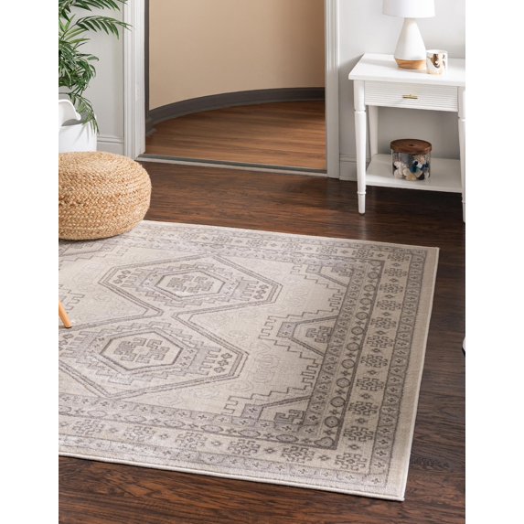 Rugs.com Charlotte Collection Rug – 5 Ft Square Ivory Low-Pile Rug Perfect For Living Rooms, Kitchens, Entryways