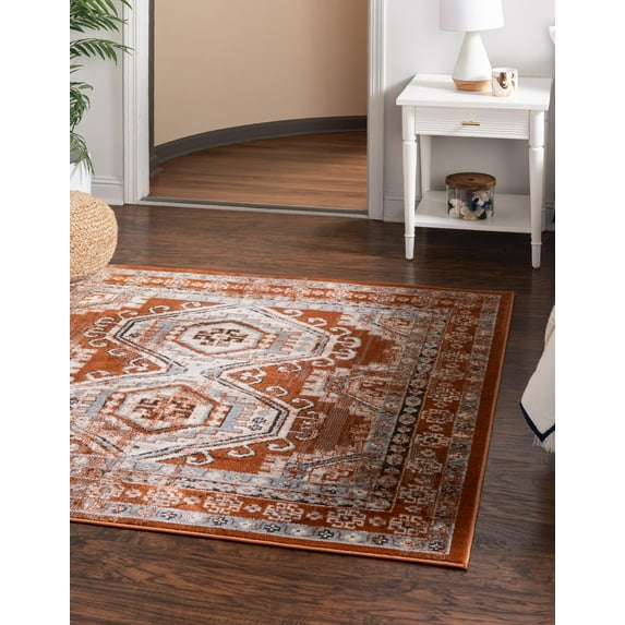 Rugs.com Charlotte Collection Rug – 5 Ft Square Terracotta Low-Pile Rug Perfect For Living Rooms, Kitchens, Entryways