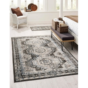 Rugs Charlotte Collection Tribal Geometric Low-Pile Gray Area Rug, 5' x 8', Soft Underfoot