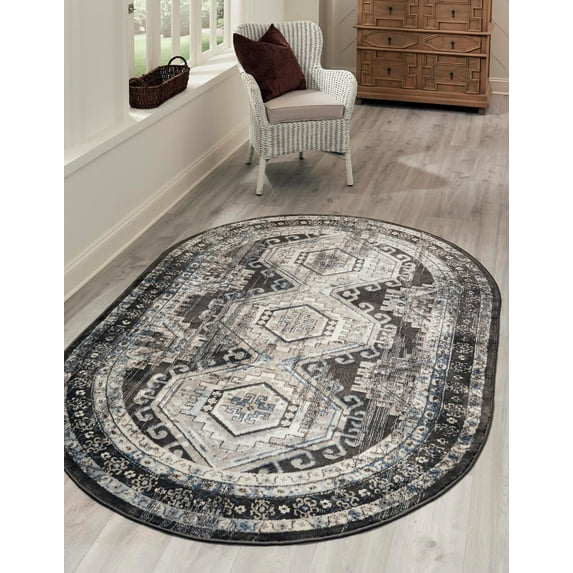 Rugs.com Charlotte Collection Rug – 5' x 8' Oval Gray Low-Pile Rug Perfect For Living Rooms, Large Dining Rooms, Open Floorplans