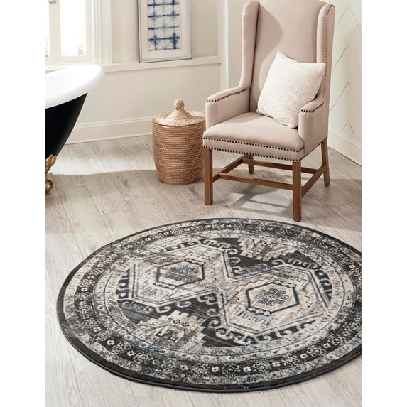 Rugs.com Charlotte Collection Rug – 8 Ft Round Gray Low-Pile Rug Perfect For Kitchens, Dining Rooms