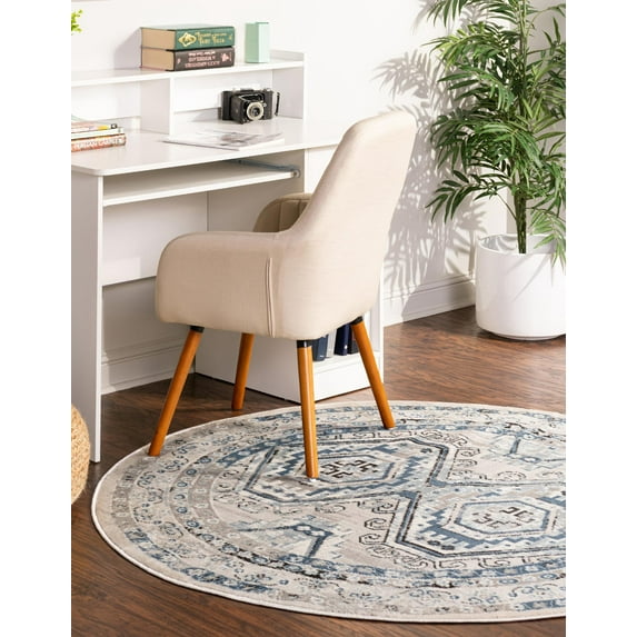 Rugs.com Charlotte Collection Rug – 8 Ft Round Gray Low-Pile Rug Perfect For Kitchens, Dining Rooms