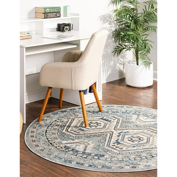 Rugs.com Charlotte Collection Rug – 8 Ft Round Light Blue Low-Pile Rug Perfect For Kitchens, Dining Rooms