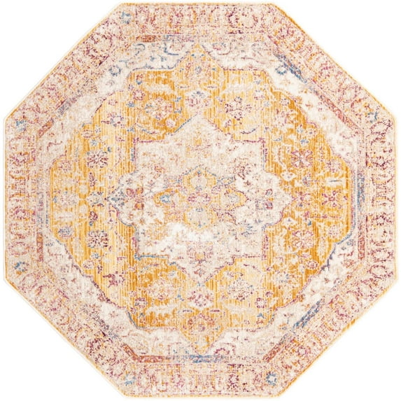 Rugs.com Deepa Collection Rug – 5 Ft Octagon Yellow Medium Rug Perfect For Living Rooms, Kitchens, Entryways