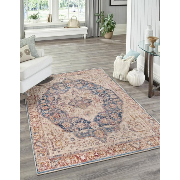 Rugs.com Deepa Collection Rug – 5' x 8' Blue Ivory Medium Rug Perfect For Bedrooms, Dining Rooms, Living Rooms