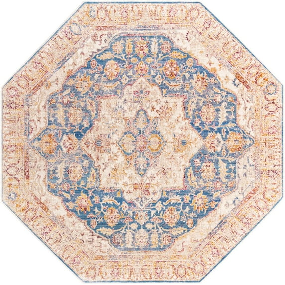 Rugs.com Deepa Collection Rug – 8 Ft Octagon Blue Ivory Medium Rug Perfect For Living Rooms, Kitchens, Entryways