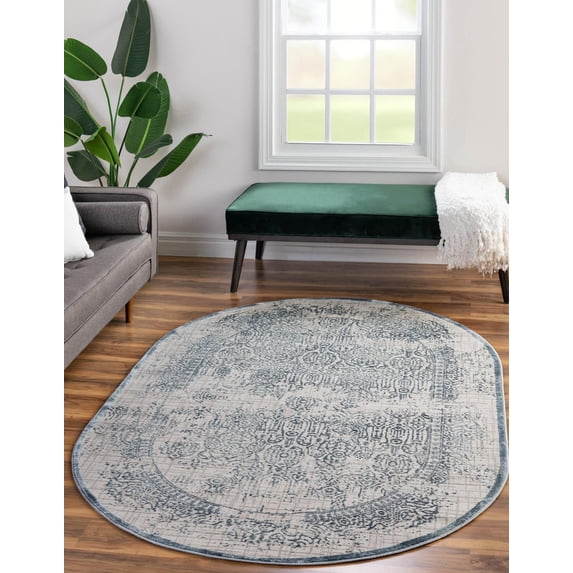 Rugs.com Derbyshire Collection Rug – 4' x 6' Oval Blue Medium Rug Perfect For Living Rooms, Large Dining Rooms, Open Floorplans