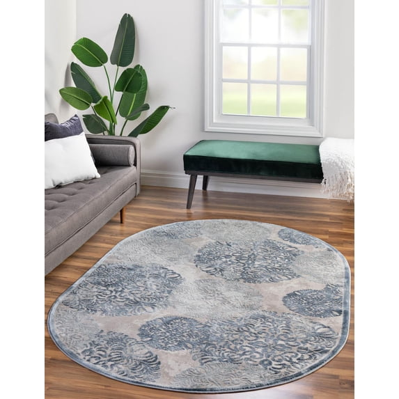 Rugs.com Derbyshire Collection Rug – 4' x 6' Oval Blue Medium Rug Perfect For Living Rooms, Large Dining Rooms, Open Floorplans