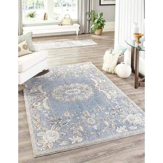 Rugs.com Eco Traditional Collection Rug – 10' x 13' Harbor Blue Medium Rug Perfect For Living Rooms, Large Dining Rooms, Open Floorplans