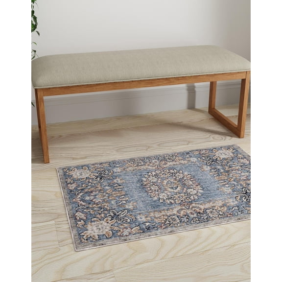 Rugs.com Eco Traditional Collection Rug – 2' x 3' Harbor Blue Medium Rug Perfect For Entryways, Kitchens, Breakfast Nooks, Accent Pieces