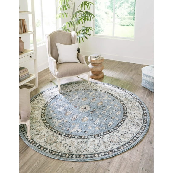 Rugs.com Eco Traditional Collection Rug – 3 Ft Round Harbor Blue Medium Rug Perfect For Kitchens, Dining Rooms