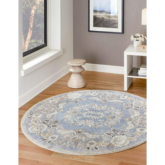 Rugs.com Eco Traditional Collection Rug – 7 Ft Round Harbor Blue Medium Rug Perfect For Kitchens, Dining Rooms