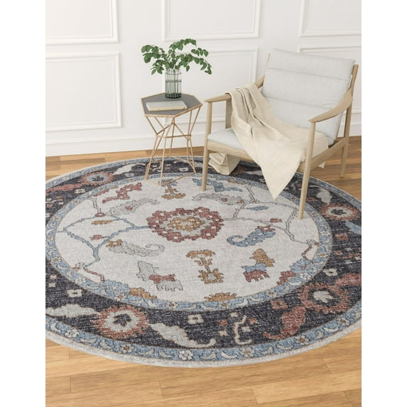 Rugs.com Eco Traditional Collection Rug – 7 Ft Round Ivory Medium Rug Perfect For Kitchens, Dining Rooms