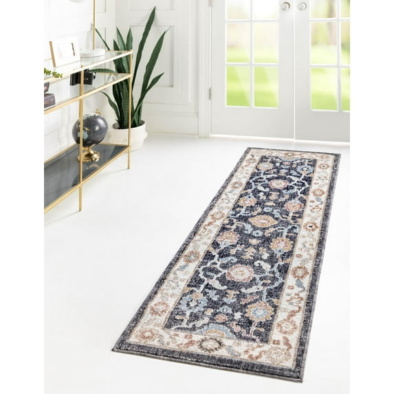 Rugs.com Eco Traditional Collection Rug – 8 Ft Runner Charcoal Gray Medium Rug Perfect For Hallways, Entryways