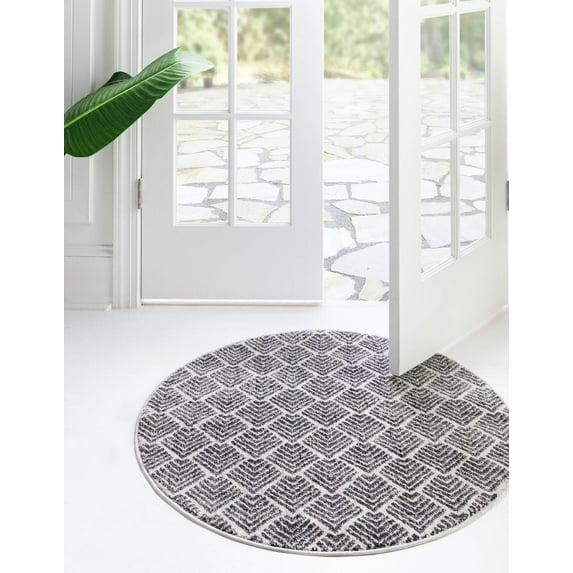 Rugs.com Eco Trellis Collection Rug – 3 Ft Round Charcoal Ivory Medium Rug Perfect For Kitchens, Dining Rooms