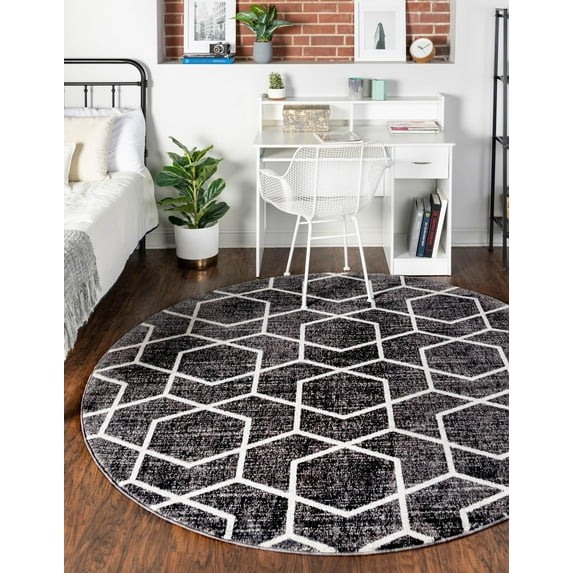 Rugs.com Eco Trellis Collection Rug – 7 Ft Round Charcoal Gray Medium Rug Perfect For Kitchens, Dining Rooms