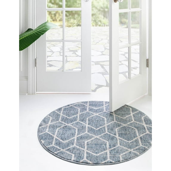 Rugs.com Eco Trellis Collection Rug – 7 Ft Round Harbor Blue Medium Rug Perfect For Kitchens, Dining Rooms