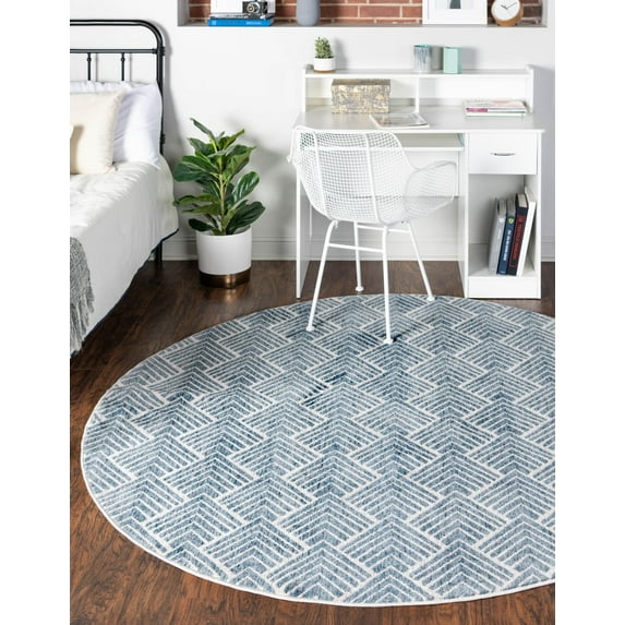 Rugs.com Eco Trellis Collection Rug – 7 Ft Round Harbor Blue Medium Rug Perfect For Kitchens, Dining Rooms