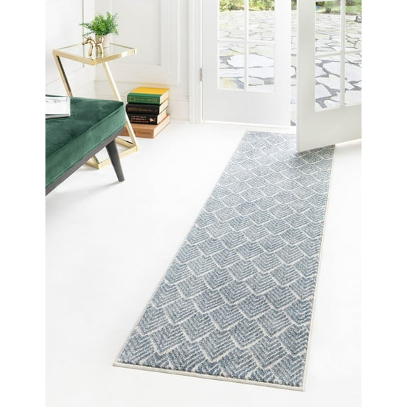 Rugs.com Eco Trellis Collection Rug – 8 Ft Runner Harbor Blue Medium Rug Perfect For Hallways, Entryways