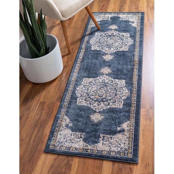 Rugs.com Eden Collection Rug – 6 Ft Runner Navy Blue Medium Rug Perfect For Hallways, Entryways