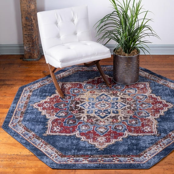 Rugs.com Eden Collection Rug – 8 Ft Octagon Dark Blue Medium Rug Perfect For Living Rooms, Kitchens, Entryways