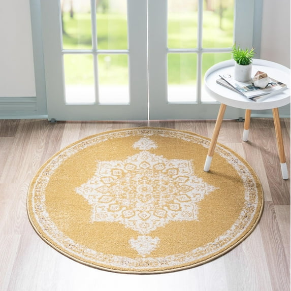 Rugs.com Eden Collection Rug – 8 Ft Round Yellow Medium Rug Perfect For Kitchens, Dining Rooms