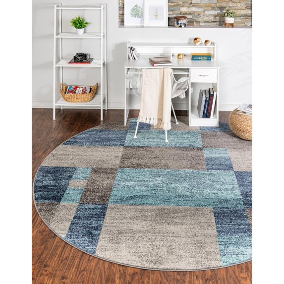 Rugs.com Equinox Collection Rug – 3' 3 Round Blue Gray Low Rug Perfect For Kitchens, Dining Rooms