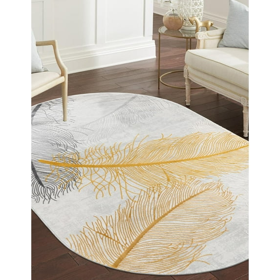 Rugs.com Finsbury Collection Rug – 5' 3 x 8' Oval Yellow Gray Medium Rug Perfect For Living Rooms, Large Dining Rooms, Open Floorplans