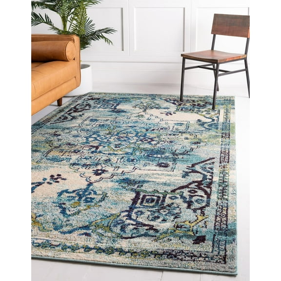 Rugs.com Fleur Collection Rug – 4' x 6' Blue Medium-Pile Rug Perfect For Entryways, Kitchens, Breakfast Nooks, Accent Pieces